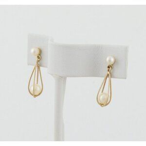 14k Yellow Gold Freshwater Pearl Cage Earrings Dangle Drop Earrings 3/4" x 1/4"